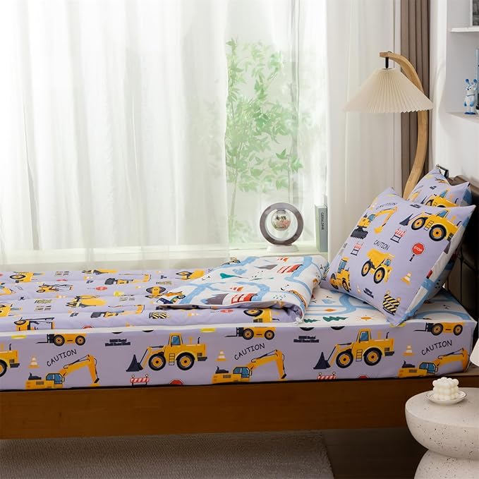 Holawakaka Kids Zipper Bedding Construction Comforter Set, Boys Twin Size Trucks Excavator Tractor Print Zippered Bed Sets,Toddler-boy Child Dorm Zip Bedding