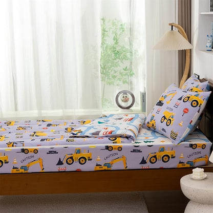 Holawakaka Kids Zipper Bedding Construction Comforter Set, Boys Twin Size Trucks Excavator Tractor Print Zippered Bed Sets,Toddler-boy Child Dorm Zip Bedding
