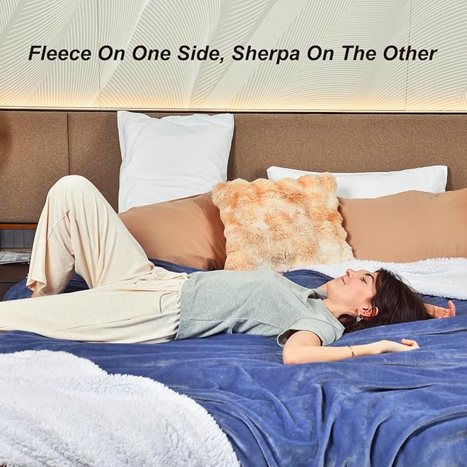 KAWAHOME Sherpa Fleece Queen Size Blanket for Bed - Extra Warm and Heavy Thick Blankets for Winter, Super Soft 500GSM Plush Blanket, 90"X 90" Washed Blue