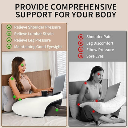 Reading Pillow, Lap Desk Pillow for Adult, Gaming Pillow Memory Foam for Arm Support, Arm Rest for Working, Crocheting, Playing Game or Siting in Bed, Floor, Sofa (White&Grey)