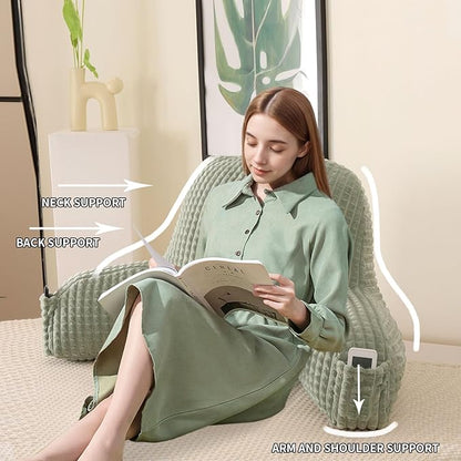 Reading Pillow for Sitting in Bed, Large Backrest Reading Pillow with Arm Rest,Back-Rest Support Cushion for Sit Up on Couch, Sofa, and Floor, Dorm Essentials (Green Flannel, Large(19"))