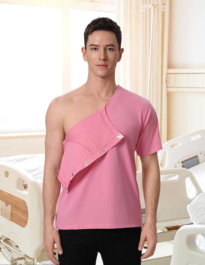 Magnetic Buttons Post Shoulder Surgery Recovery Shirt for Men V-Neck Tear Away Adaptive Chemo Port Clothing for Women
