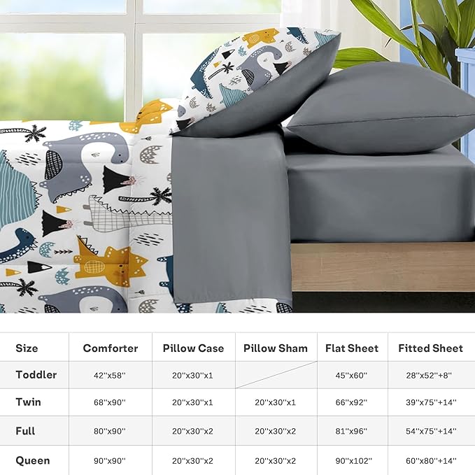 Nesker 7 Pcs Comforter Set Full Size, Cute Dinosaur Dino Bedding for Kids Teen, Blue Yellow Dragon with Fitted Sheet 2 Pillowcases & 2 Shams for Bedroom Bed Décor