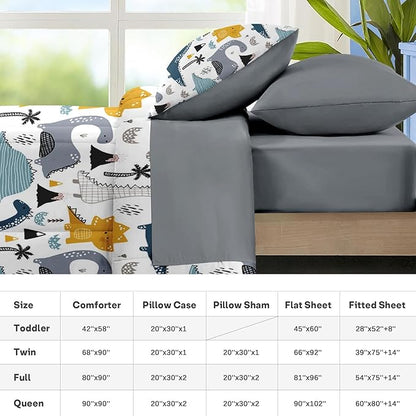 Nesker 7 Pcs Comforter Set Full Size, Cute Dinosaur Dino Bedding for Kids Teen, Blue Yellow Dragon with Fitted Sheet 2 Pillowcases & 2 Shams for Bedroom Bed Décor