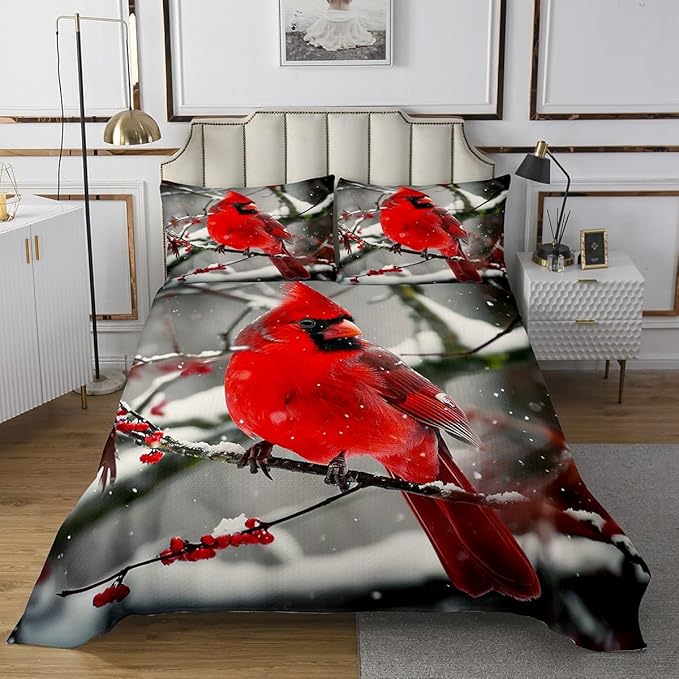 Erosebridal Boys Cardinals Bedspread Twin Size,Red Sparrows Coverlet Set Michigan Birds Bedding Set Winter Snowflake Quilt Set Finches Bedroom Decor for Child Youth Man