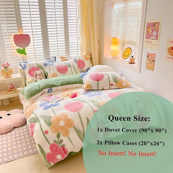Floral Kids Duvet Cover Set Queen Cute Kawaii Bedding Set Avocado Green Snowflake Fluffy Comforter Cover Blanket Soft Reversible Duvet Cover Room Decor (Flowers,Queen)