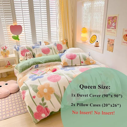 Floral Kids Duvet Cover Set Queen Cute Kawaii Bedding Set Avocado Green Snowflake Fluffy Comforter Cover Blanket Soft Reversible Duvet Cover Room Decor (Flowers,Queen)