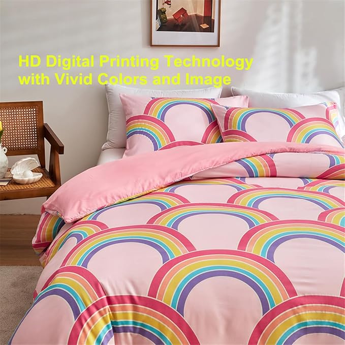 Pink Girls Twin Comforter Set, Glow in The Dark 3 Pieces Rainbow Comforter with 2 Pillowcases, Soft Microfiber Girls Twin Bedding Set for Kids Teens Washable Lightweight All Season Use