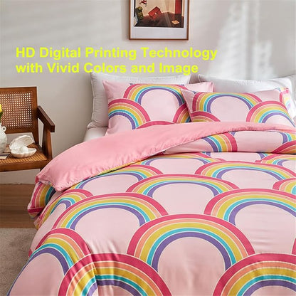 Pink Girls Twin Comforter Set, Glow in The Dark 3 Pieces Rainbow Comforter with 2 Pillowcases, Soft Microfiber Girls Twin Bedding Set for Kids Teens Washable Lightweight All Season Use