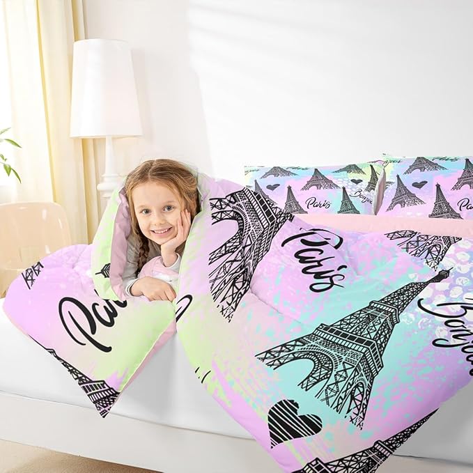 Eiffel Tower Comforter Set King,Rainbow Watercolor Tie Dye Quilt Set Romantic Graffiti City View Bedding Set for Kids Teens Adults Room Decor,Black Sketch Paris Themed Duvet Insert,2 Pillowcases