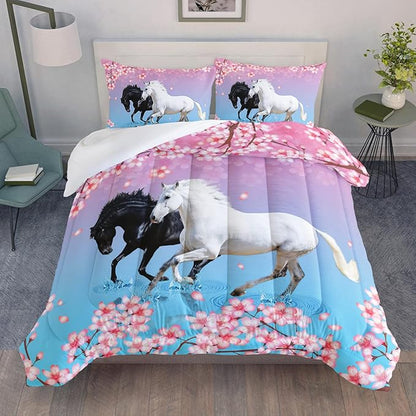Kid Horse Comforter Set Twin Floral Animal Theme Handsome Horse Chic Cherry Blossom Bedding Set 3D Wild Animal Decor Quilt Set for Girls Adult, 1 Comforter + 2 Pillowcases