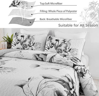Floral Quilt Set King 3 Pieces Grey Floral Quilt Coverlet Set Soft Microfiber Lightweight White Quilted Bedspread for All Season 104"x90"