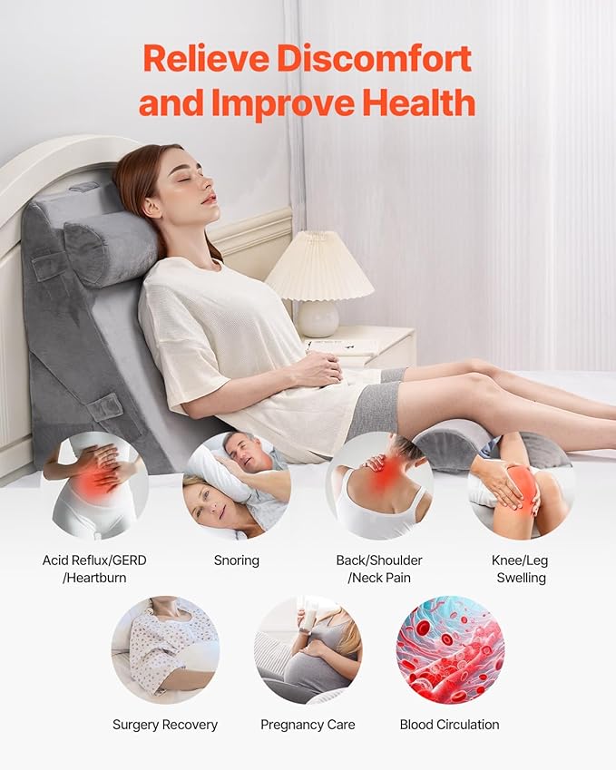 VEVOR Wedge Pillow for Sleeping, 4 Pcs Adjustable Orthopedic Bed Wedge Set, Support Arm Leg Neck Shoulder, Post Surgery Pillow for Back Pain, Acid Reflux, Snoring Relief, Sitting up in Bed, Dark Grey