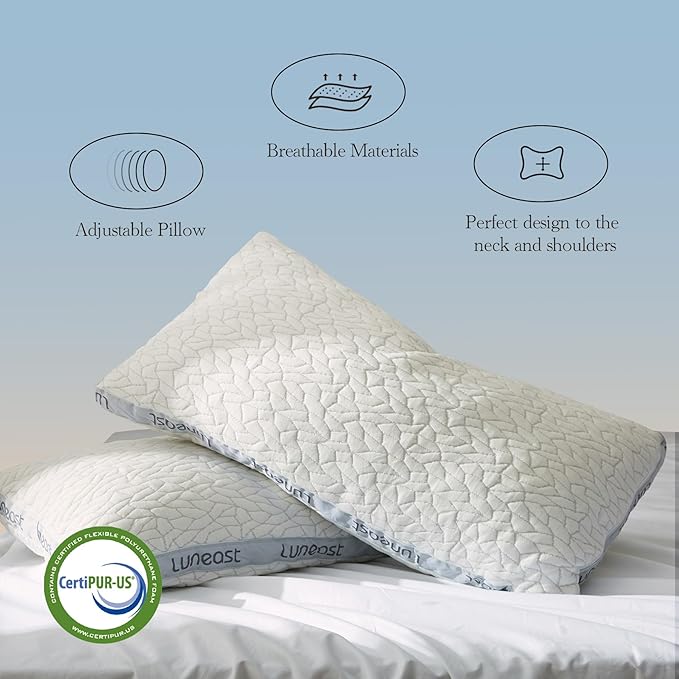 Memory Foam Pillows for Sleeping Adjustable Bamboo Blend Breathable Bed Pillow for Side, Back, and Stomach Sleepers Washable Pillow Cover Nocturne Queen Size 17x27IN