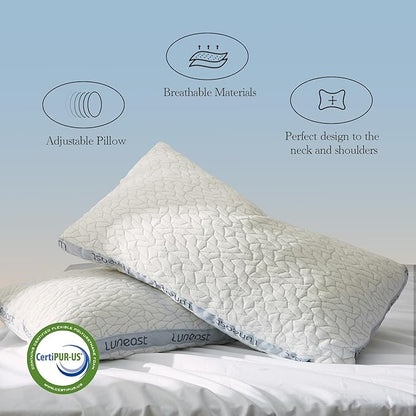 Memory Foam Pillows for Sleeping Adjustable Bamboo Blend Breathable Bed Pillow for Side, Back, and Stomach Sleepers Washable Pillow Cover Nocturne Queen Size 17x27IN