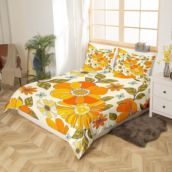 Castle Fairy Retro Flowers Duvet Cover Set Twin Size,Watercolor Yellow Floral Green Leaves Plant Comforter Cover for Kids Boys Bedroom Gift,70s Trippy Daisy Bedding Set with 1 Pillowcase Bedspread