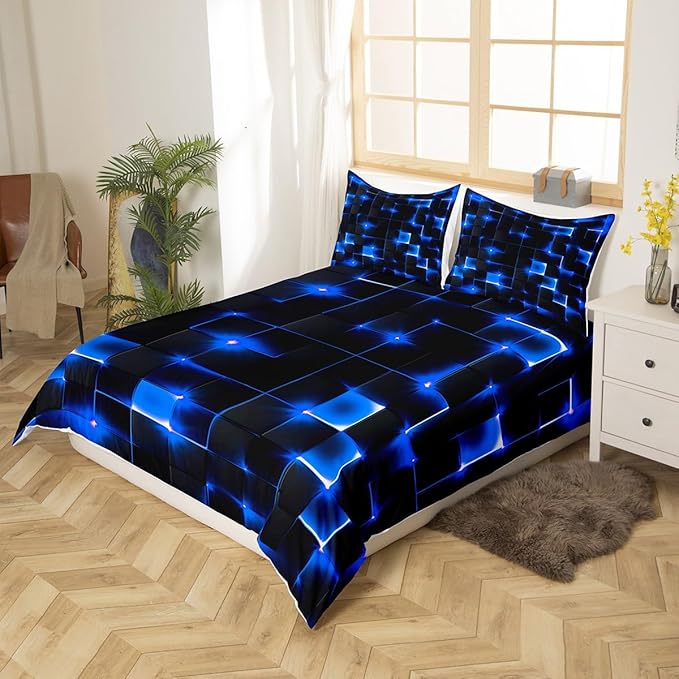 Castle Fairy Geometric Bedding Set Twin Size,3D Abstract Modern Square Grid Print Comforter Cover Set for Kids Girls,Shiny Blue Neon Light Black Bedding Quilt Cover Set Bedroom Decor, 2 Pcs