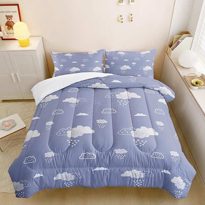 Cute Clouds Printed Bedding Comforter Set Twin Size for Teens and Adults,Clouds Printed Quilt Set for Bedroom 100% Soft Microfiber All Season with 1 Comforter and 2 Pillowcases