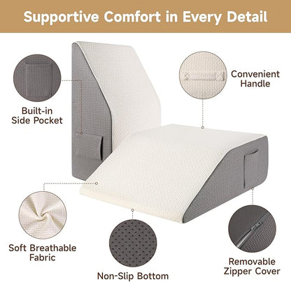 8" Leg Elevation Pillow, Leg Wedge Pillow for Swelling and Blood Circulation, Leg Pillow for After Surgery Recovery, Knee Hip Ankles Back Pain Relief, Knee Pillow for Sleeping, Removable Cover, Grey