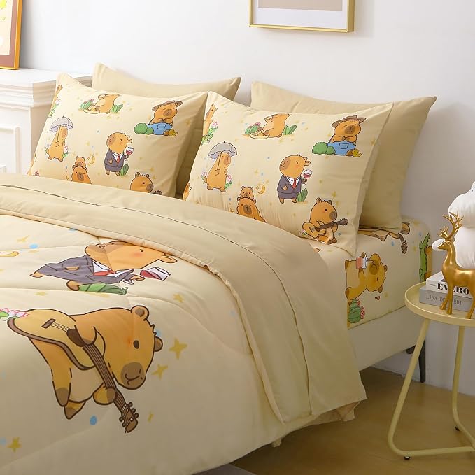 7 Piece Capybara Comforter Set Full Size Cute Cartoon Capybara Bedding Set Super Soft All Season Bedroom Decor for Kids Girls Boys Teens Birthday Choice