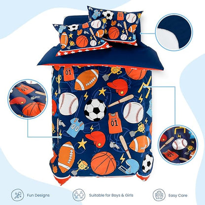 SANDJEST Sports Bedding Sets for Boys, Ultra Soft Microfiber Comforter Full Size Set with 4-Pieces, Comforters for Kids Children Boy Bedroom Decor