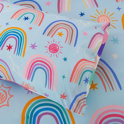 Holawakaka Boho Rainbow Twin Comforter Set with Sheets, 5-Piece Bohemian Love Heart Star Bedding Set for Girls & Women -Super Soft Microfiber Kids Teen-Girls Twin Size Blue Reversible Bed-in-a-Bag