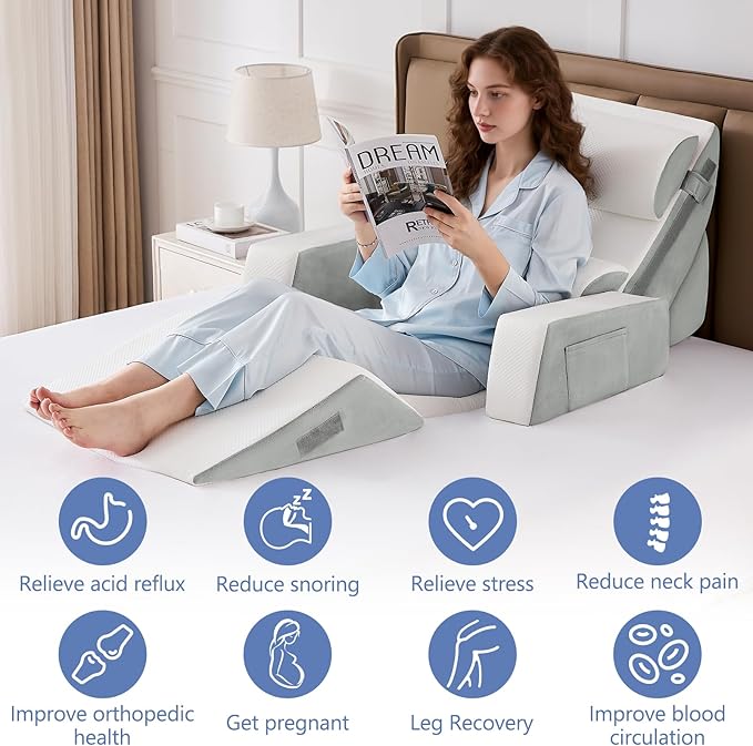 9PCS Wedge Pillow Set for After Surgery Recovery, Adjustable Memory Foam Neck Pillow, Foam Leg Pillow, Relieves Neck, Leg Pain, Sleep Apnea, and Functions as a Reading Pillow, Gray