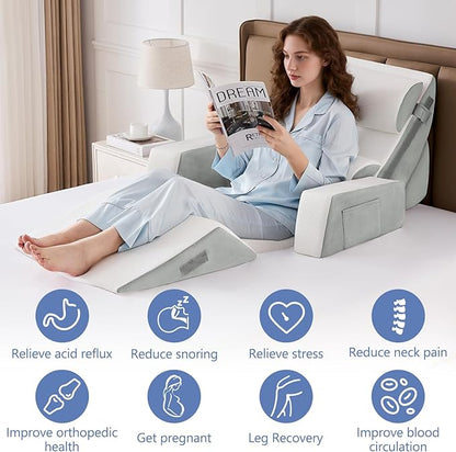 9PCS Wedge Pillow Set for After Surgery Recovery, Adjustable Memory Foam Neck Pillow, Foam Leg Pillow, Relieves Neck, Leg Pain, Sleep Apnea, and Functions as a Reading Pillow, Gray