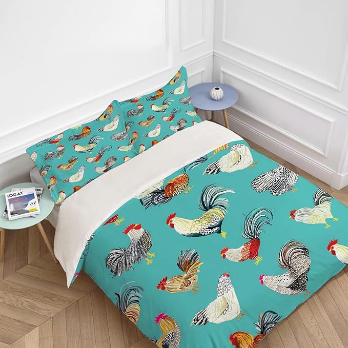 Farmhouse Chicken Theme 3 Pieces Duvet Cover Comforter Set with 2 Pillowcase King Size Farm Rooster Bed Sheet Quilt Bedroom Bedding for Lover Kids
