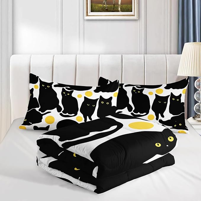 Kids Bedding 3Pcs Cartoon Black Cat Bedding Set Queen Yellow Polka Dots Pattern Comforter Set for Teens Kids Boys Girls Adults Cute Cat Quilt Bed Decor Set with 1 Comforter and 2 Pillowcases