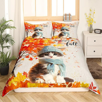 Castle Fairy Happy Fall Bedding Set King Size for Woman MenCute Watercolor Cat Cartoon Animal Comforter Cover with 2 PillowcasesAutumn Maple Leaves Tree Rustic Duvet Cover Set Microfiber Quilt Cover