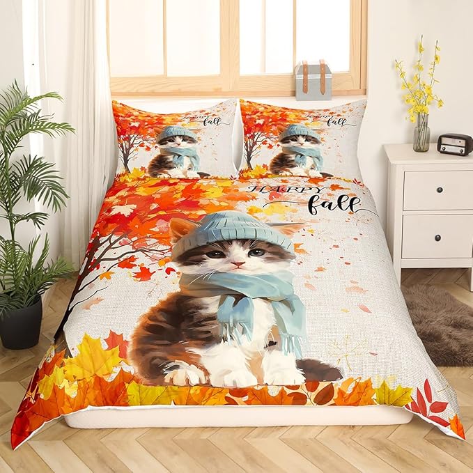 Castle Fairy Happy Fall Duvet Cover Set Full Size,Cute Watercolor Cat Cartoon Animal Comforter Cover with 2 Pillowcases,Autumn Maple Leaves Tree Rustic Breathable Bedspread for Boys Teens,Pillow Sham