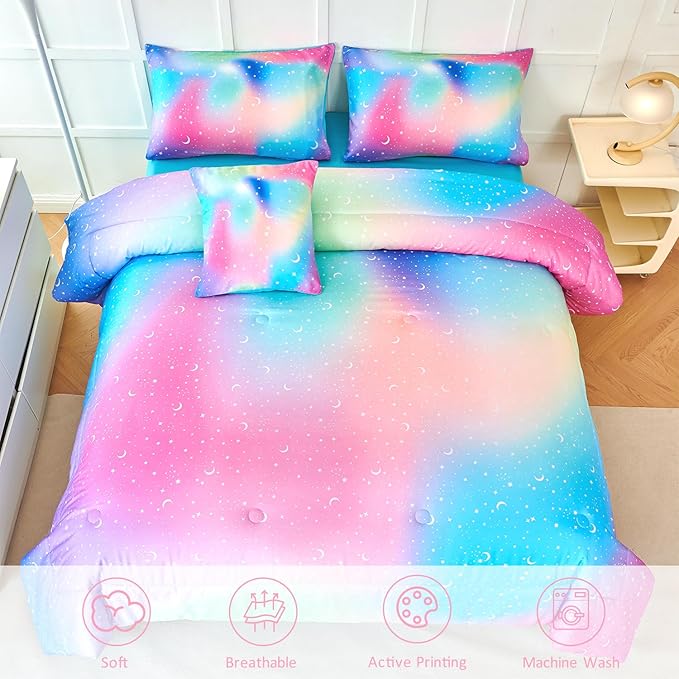 URBONUR 6Pcs Rainbow Comforter Set for Girls Full Size Multi-Color Pink Blue Green Tie Dye Soft All Season Kids Bedding Bed in A Bag Set