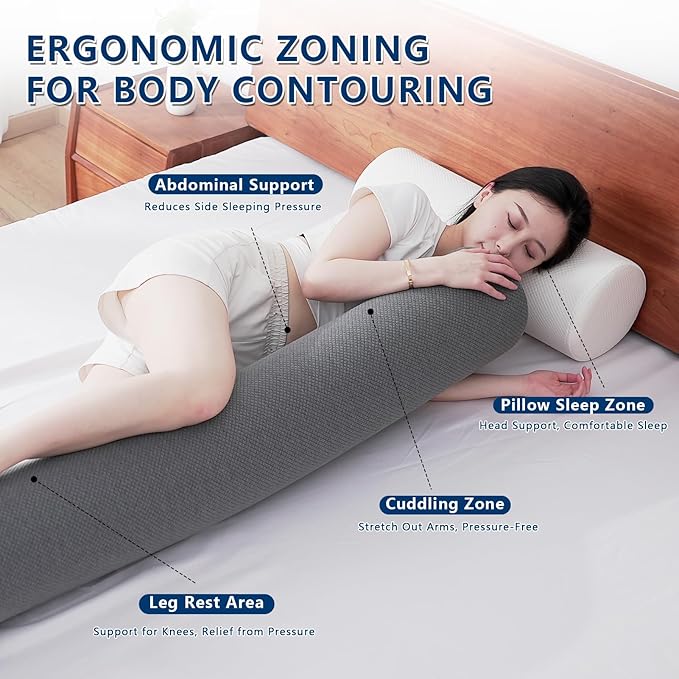 Body Pillow for Adults, Long Full Body Pillow for Side Sleepers and Pregnancy Support, High Resilience Cylindrical Bolster Pillow with Removable Washable Cover (47"x7.9", Grey)