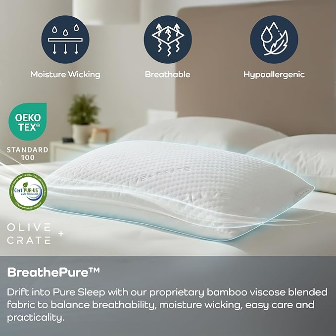Olive + Crate BreathePure™ Adjustable Loft Shredded Memory Foam Pillow - Queen Size - Cooling Pillow, Hypoallergenic Bed Pillows, CertiPUR-US Certified Foam, Ideal for Back, Stomach and Side Sleeper