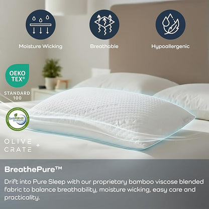 Olive + Crate BreathePure™ Adjustable Loft Shredded Memory Foam Pillow - Queen Size - Cooling Pillow, Hypoallergenic Bed Pillows, CertiPUR-US Certified Foam, Ideal for Back, Stomach and Side Sleeper