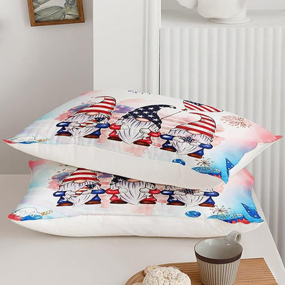 Gnome Bedding Set for Kids Boys Girls, American Flag Comforter Set Full Size for Festival Celebration, Red Blue Star Quilt with 2 Pillowcases