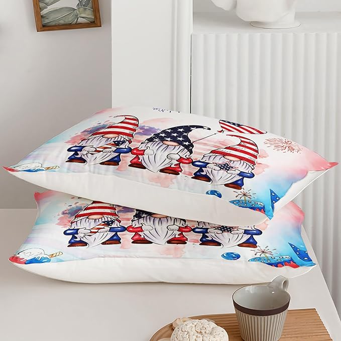 Gnome Bedding Set for Kids Boys Girls, American Flag Comforter Set Queen Size for Festival Celebration, Red Blue Star Quilt with 2 Pillowcases