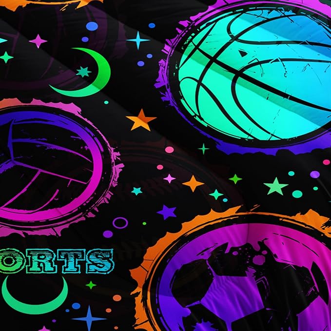 Ball Games Bedding Basketball Football Baseball Full Comforter Set,Colorful Neon Stars and Moon Bedding Set for Kids Girls Boys Room Decor,Sports Aesthetic Bedding Sets with 2 Pillowcases.