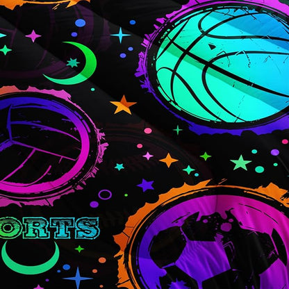Ball Games Bedding Basketball Football Baseball Full Comforter Set,Colorful Neon Stars and Moon Bedding Set for Kids Girls Boys Room Decor,Sports Aesthetic Bedding Sets with 2 Pillowcases.
