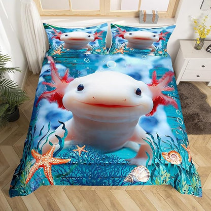 Cute Axolotl Duvet Cover Set King Size,Seaweed Coral Conch Comforter Cover with 2 Pillowcases Bedspread,Sea Creatures Theme Microfiber Quilt Cover for Adult Women, 3 Pieces