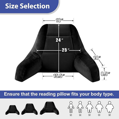 Reading Pillows for Sitting in Bed Adult, Back Pillow for Bed Sitting Up, Backrest Pillows with Shredded Foam for Adult&Teens, Support Pillow with Arms for Beds, Couch, Floor, 24in, Black