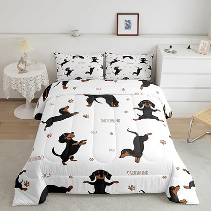 Feelyou Sausage Dog Bedding Set Boys Dachshund Comforter Set for Kids Teens Ultra Soft Puppy Dog Comforter Kawaii Pet Brown Duvet Set Room Decor Queen Size Quilt Set