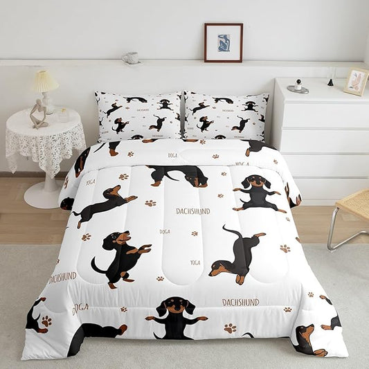 Feelyou Sausage Dog Bedding Set Boys Dachshund Comforter Set for Kids Teens Soft Puppy Dog Comforter Kawaii Pet Brown Duvet Set Room Decor King Size Quilt Boys