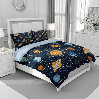 Space Boys Teens Duvet Cover Sets Full Size, Black Galaxy Planet Comforter Cover,1 Duvet Cover 79x90 Inches and 2 Pillowcases 20x26 Inches (Full,No Comforter)