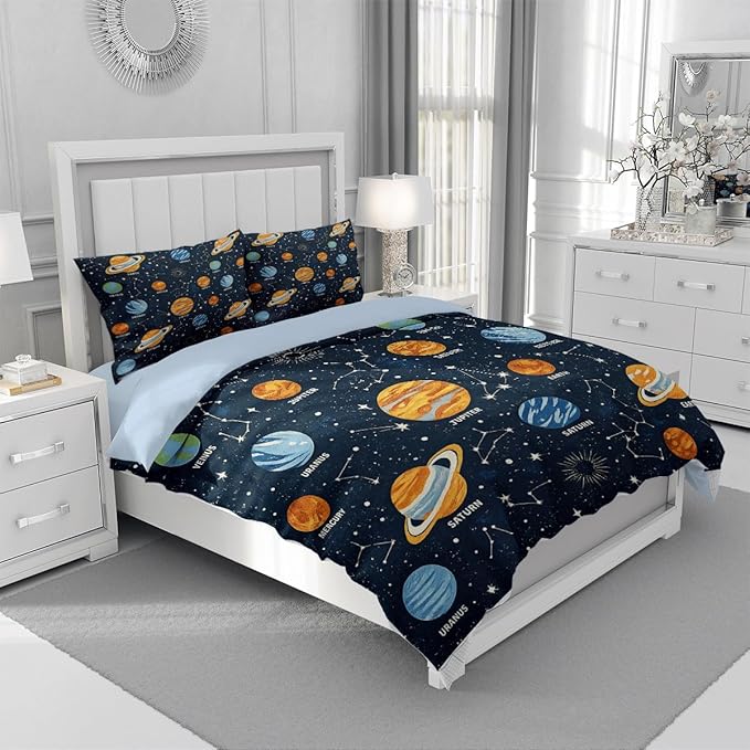 Space Boys Teens Duvet Cover Sets Queen Size, Black Galaxy Planet Comforter Cover,1 Duvet Cover 69x90 Inches and 1 Pillowcase 20x26 Inches (Queen,No Comforter)