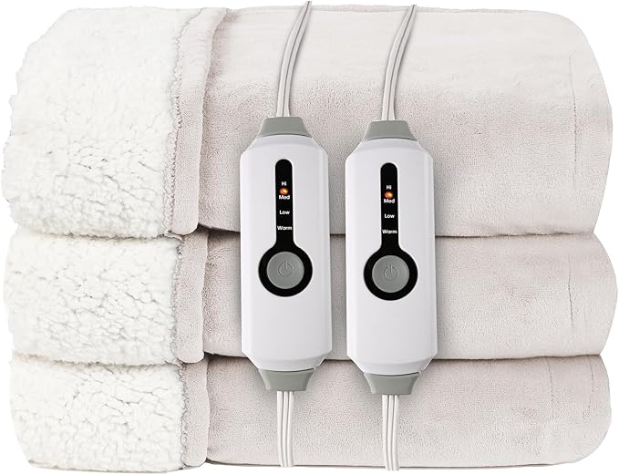 Electric Heated Blanket King Size 90"x100" - Coral Fleece & Sherpa Fabric Dual-Sided, 4 Heat Settings & 10 Hours Auto Off, Soft Warming Throw for Home, Office, or Bed, Machine Washable, White