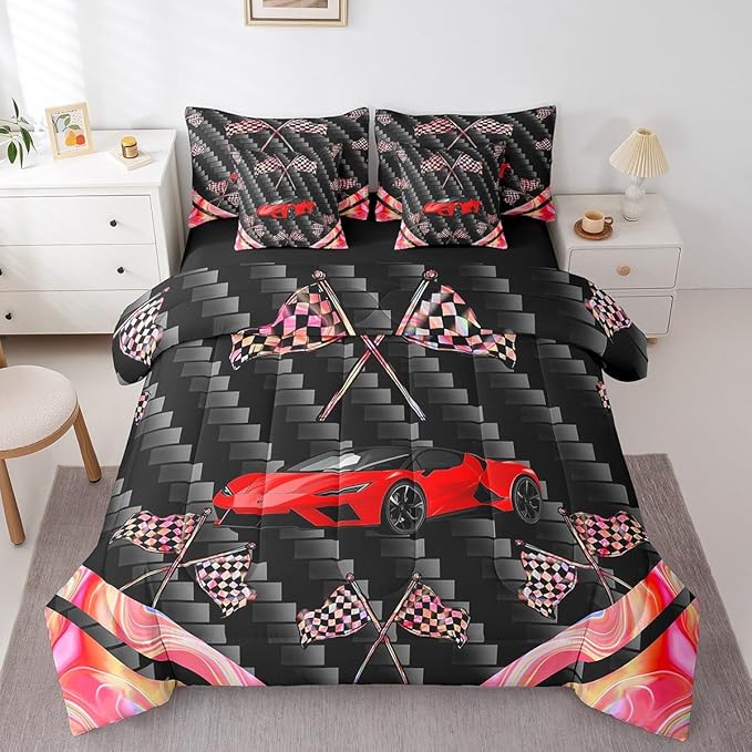 Feelyou Red Race Car 7 Piece Bedding Set King Size Extreme Sports Comforter Set with Sheets for Kids Teens Adult Fast and Furious Bed in a Bag Dazzling Flag Bed Set