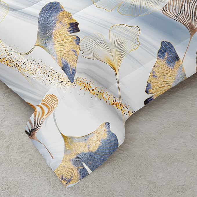 Golden Ginkgo Leaf Theme Comforter 3Pcs Twin Watercolor Ginkgo Plant Leaves Bedding Set for Kid Teen Girl Boy Adult Nature Botanical Floral Quilt Bed Decor with 1 Comforter and 2 Pillowcases