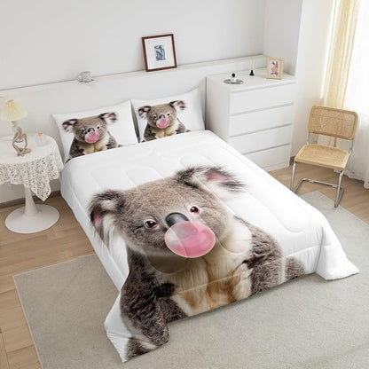 Castle Fairy 3D Koala Full Size Comforter Set,Koala Blowing Bubbles Bedding Set for Adults Teens,Children Wild Animals Comforter Luxury Cute Animal Quilt Set Room Decor 3Pcs